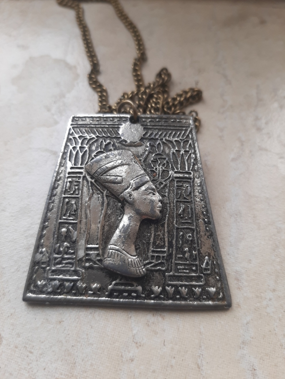 Egyptian Nefertiti Relief Pendant Necklace - Antique Silver Tone
